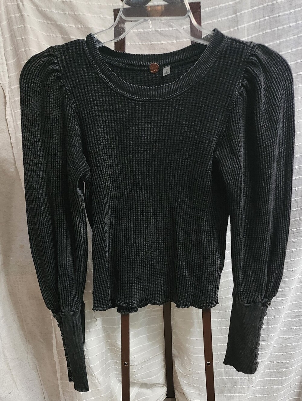 Free People‎ Black Waffle Knit Puff Sleeve Top